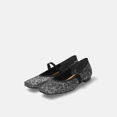 予約：2025AW：スクエアトゥ メリージェーン フラット（m10310）シルバーグリッター/mamian（マミアン）