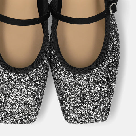 予約：2025AW：スクエアトゥ メリージェーン フラット（m10310）シルバーグリッター/mamian（マミアン）